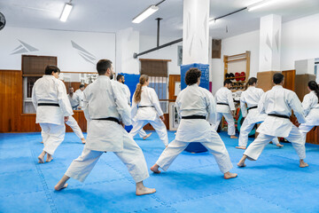 Karate students training together in dojo: practicing martial arts