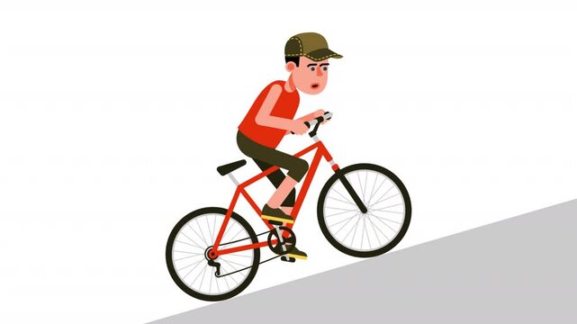 Man Struggling to Pedal Bicycle Uphill. Man cycling uphill with visible effort and determination. Looped Animation with Alpha channel.