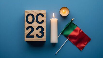 A top-down view of a blue background with a wooden calendar block prominently displaying the number "23" 