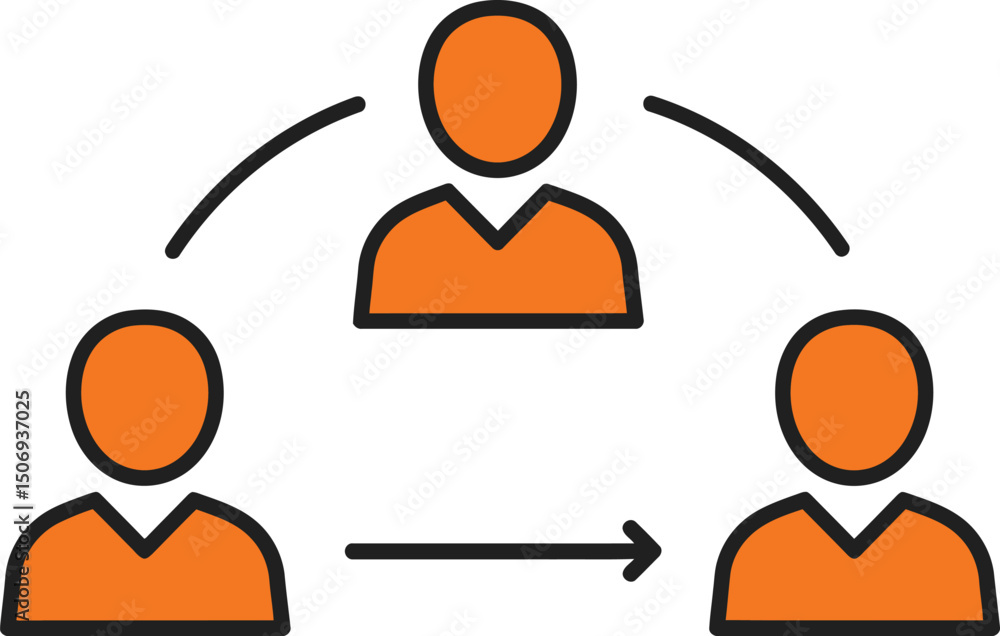 Poster orange line art icon illustrating team structure and communication flow. three avatars connected, sh