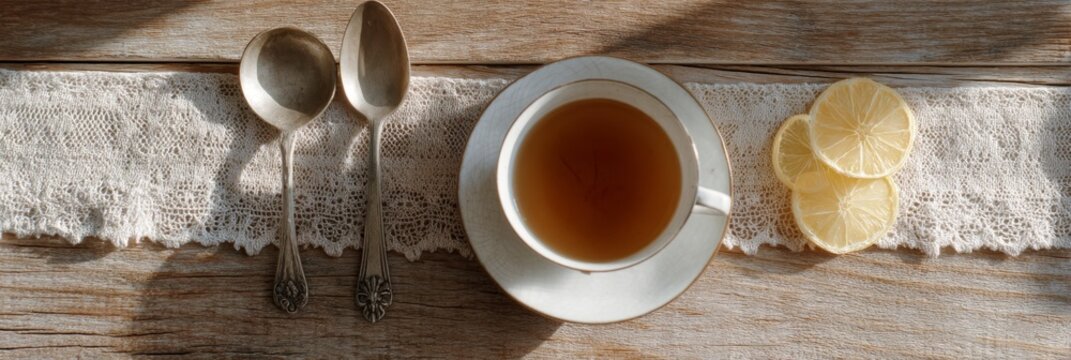 Earl grey tea is served with bergamot slices and vintage teaspoons under warm natural light