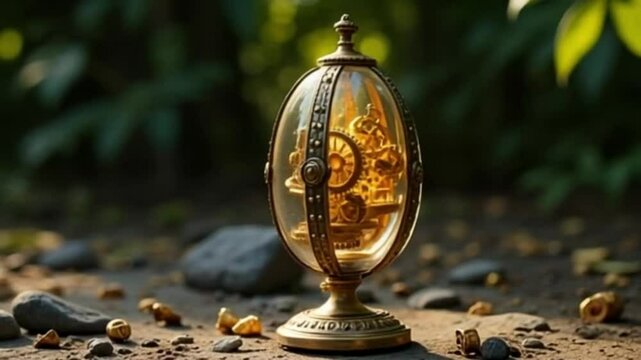 golden bird cage.Intricate Golden Clockwork Egg: Steampunk Treasure in Nature.