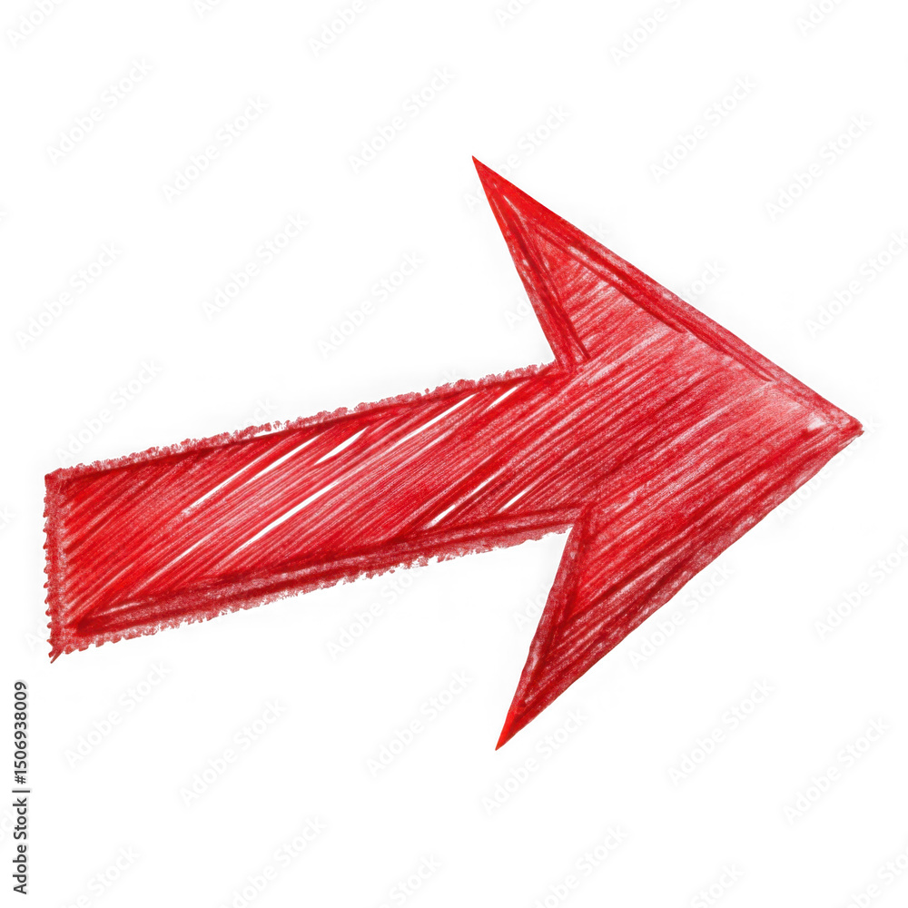 Poster hand drawn red arrow pointing right with a rough textured sketch on an isolated transparent backgrou