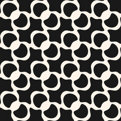 Abstract vector geometric seamless pattern. Stylish black and white background with smooth quirky shapes, diagonal grid. Retro style ornament texture. Repeated geo design for decor, print, textile