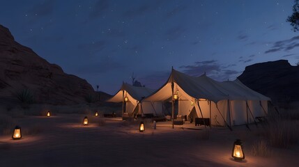 Retreat tent setup in the desert with soft lantern lighting at dusk