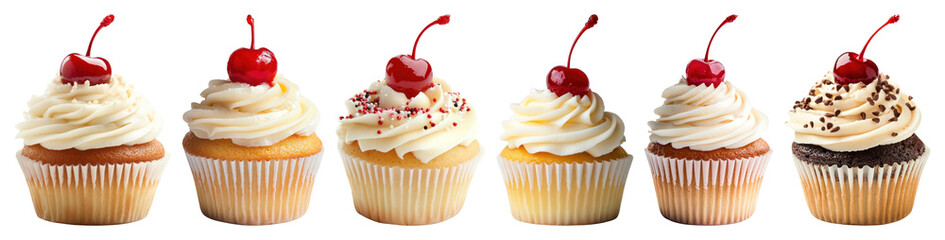 PNG Delicious cherry-topped cupcakes displayed, element set on transparent background
