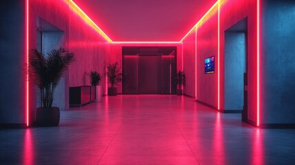 Futuristic hallway with vibrant neon lights and modern decor