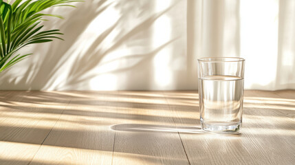 Glass of water sits wooden surface, illuminated by soft sunlight filtering through curtains