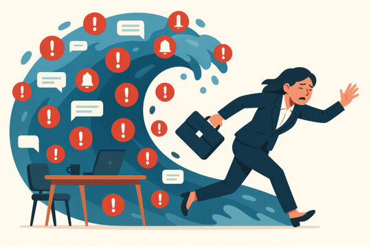 Businessman escaping giant wave tsunami of notification alerts messages. Digital burnout overwhelm stress concept. Information overload technology fatigue mental health workplace