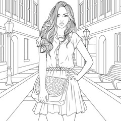 Vector illustration, a beautiful fashionable girl with a bag walks along the street of Europe, coloring book.