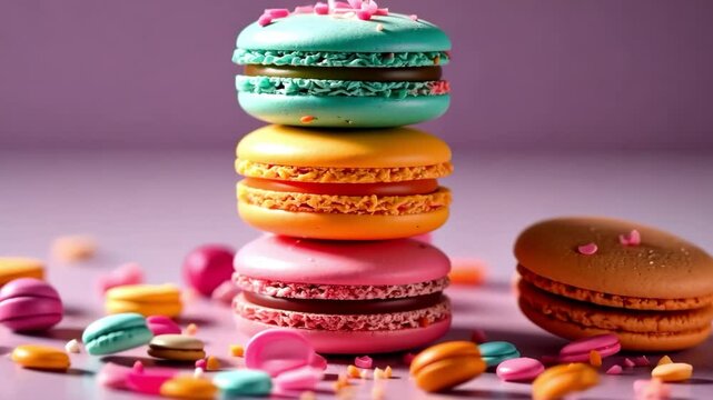 Colorful macarons stacked on a table showcasing vibrant pastel shades and decorative sprinkles for a delightful treat