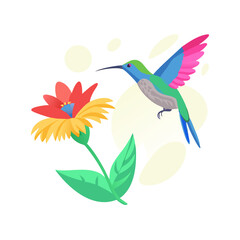 Vector illustration of colorful hummingbird hovering near vibrant orange flower