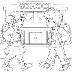 Vector illustration, children go to school, book coloring.