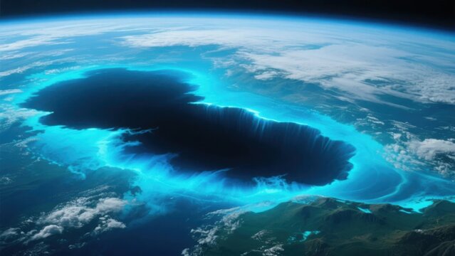 Aerial view of Earth's atmosphere with glowing blue ozone layer and dark gap symbolizing depletion, environmental protection and climate change awareness concept.