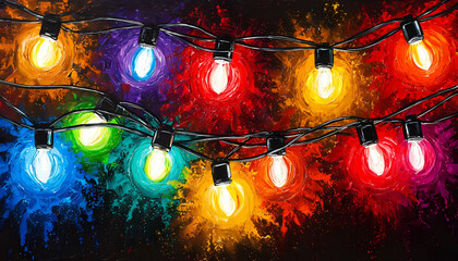 Bright holiday lights glow on a richly textured, multi-colored digital art-inspired painted background
