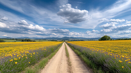 Dirt road leads through vibrant lavender and yellow flower fields under blue sky