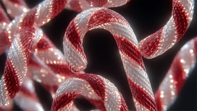 Red and white striped candy canes with a shiny, glossy texture against a dark background. Christmas loopable Holiday Light animation.