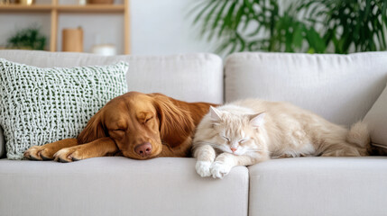 Naklejka na ściany i meble Cozy dog and cat sleeping together on couch, showcasing peaceful moment of friendship