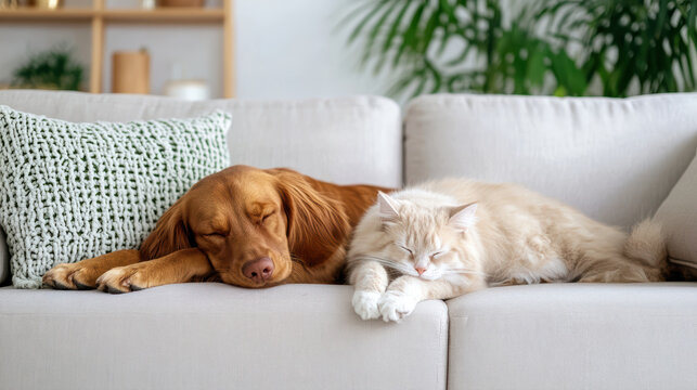 Cozy dog and cat sleeping together on couch, showcasing peaceful moment of friendship