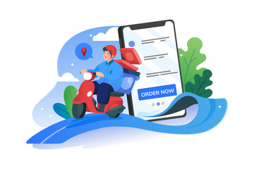 Scooter with delivery man flat vector cartoon character. Fast courier. Restaurant food service, mail delivery service, a postal employee the determination of geolocation using electronic device.