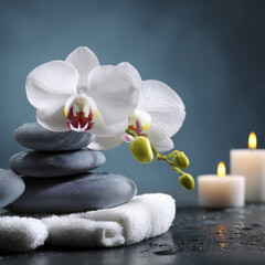 Elegant white orchid flower rests on stacked gray stone, creating soothing spa ambiance with lit candles and towel, radiating peace and tranquility