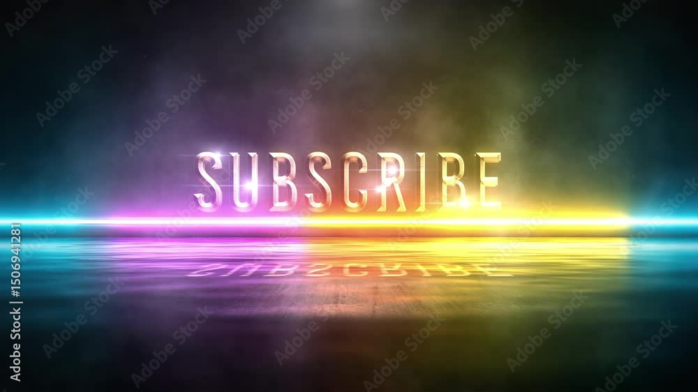 Poster 3d animation of subscribe glow glitch text effect with sci fi digital cinematic title background. en