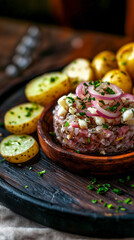 Focus on salted herring tartare with diced onions and black pepper, paired with boiled potatoes.