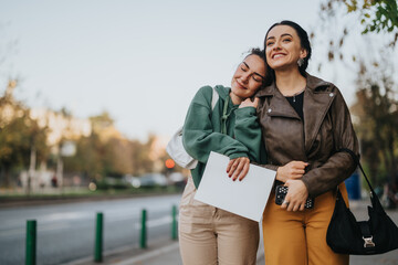 Two women, one leaning on the other's shoulder, share a bright smile while standing together in an...