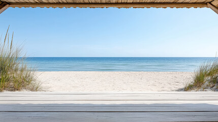 Fototapeta premium Serene ocean view from rustic beach cabana with soft sand and gentle waves