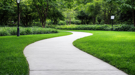 Curved sidewalk in green park surrounded by lush grass and trees, creating serene atmosphere