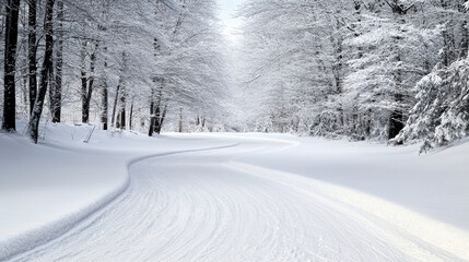 Obraz premium Serene snowy forest path winds through frosted trees, creating peaceful winter scene