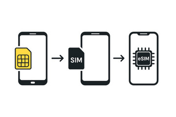 SIM to eSIM evolution concept. Mobile technology transition. Traditional SIM card upgrade to embedded SIM chip. Smartphone connectivity innovation digital transformation progress
