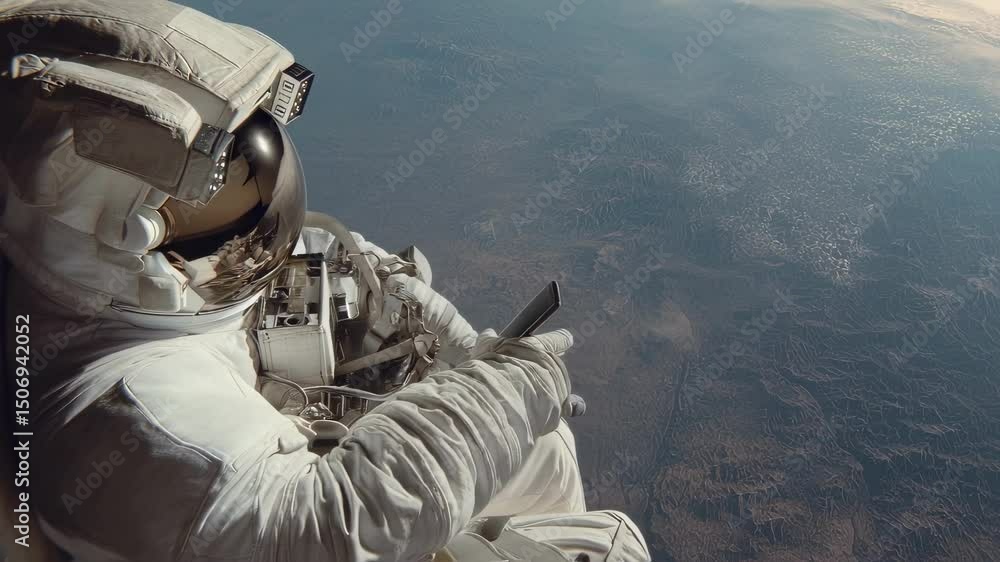 Poster spacesuited astronaut floating in low earth orbit, checking smartphone while observing planetary sur