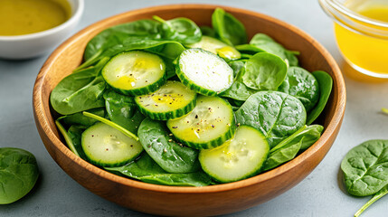 Fresh spinach salad with cucumber slices in wooden bowl, drizzled with dressing