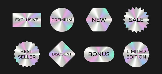 Iridescent marketing, sale text labels with chrome foil effect. Promo holographic gradient badge set. Premium, New, Bonus, Discount, Exclusive metallic stickers.