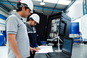 Engineers in a workshop inspecting electrical equipment with a laptop and control panel