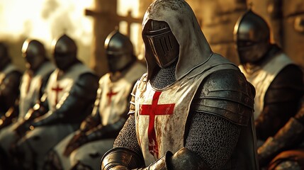 Group of medieval knights in armor with red crosses