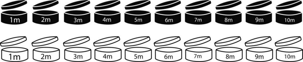 Period after open icons set. Pao symbols 1m to 10m collection. Round box with cap opened. Expiration period in months signs for cosmetic packaging. flat and line vector