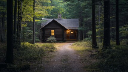 Wooden cabin with lights on in forest