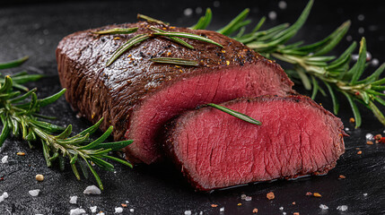 Sliced grilled steak with rosemary on dark slate background, juicy meat texture with rustic gourmet styling for food banner or recipe template