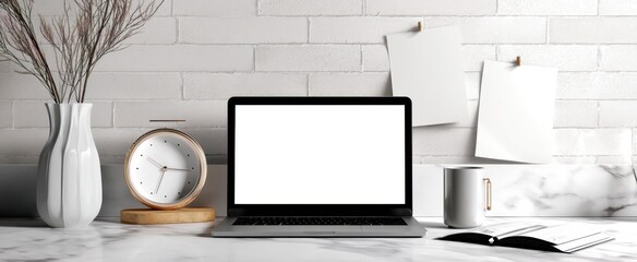 The modern workspace featuring a sleek laptop and elegant decor elements.