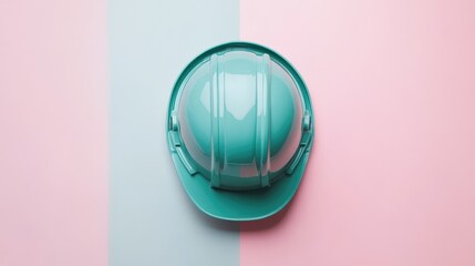 Green safety helmet shown in the center of a soft pastel background with clean lighting