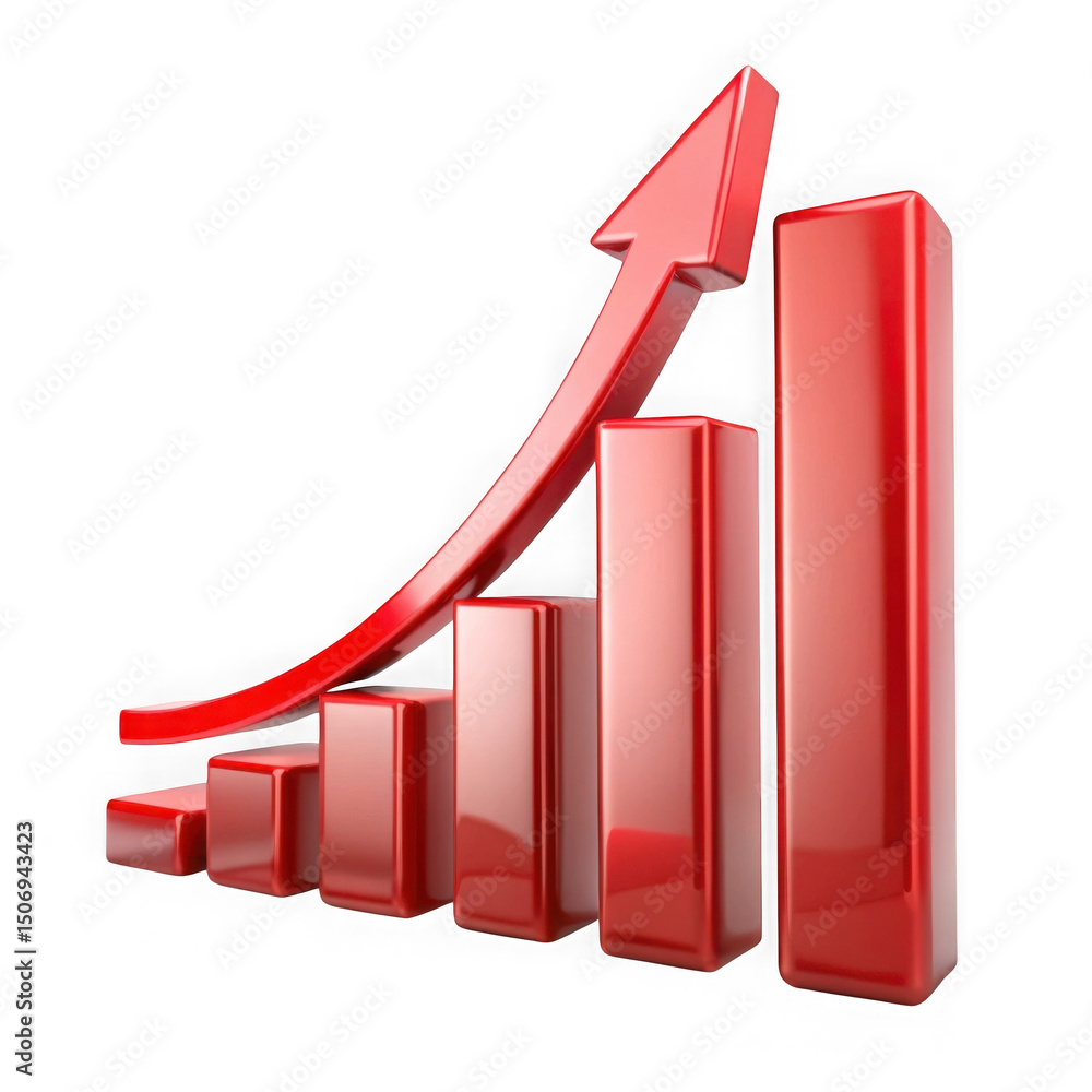 Poster red glossy bar chart and upward arrow representing financial growth on an isolated transparent backg