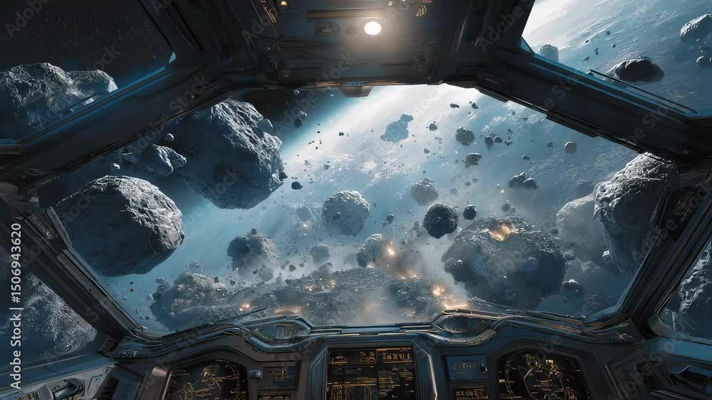 Poster cockpit view of a spaceship navigating through a dense and dangerous asteroid field, with bright exp