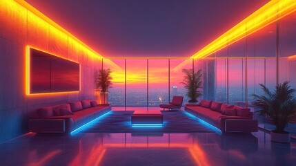 Modern Living Room with Neon Lights and City View at Sunset