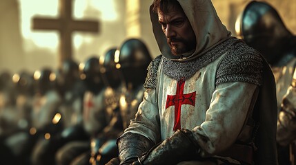Templar knight in armor with red cross emblem