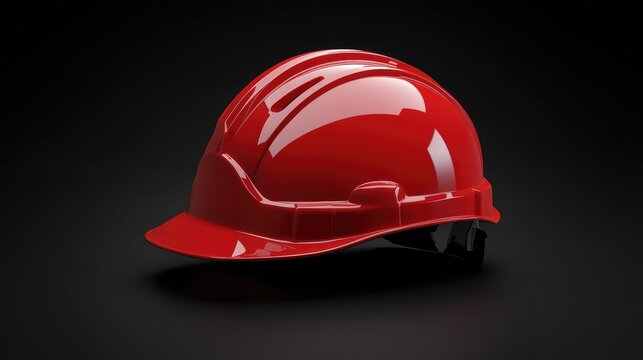 Red safety helmet centered on a matte black background with soft shadows