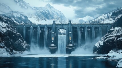 Fototapeta premium Snow-capped peaks in background behind wide dam crest and frozen reservoir