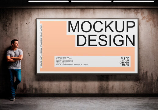 Man Leaning Against Wall Next to Urban Billboard Mockup