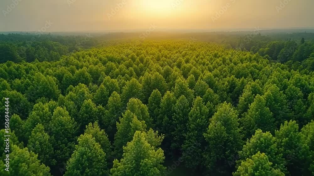Poster large forest with many trees. the trees are green and the sky is blue. the sun is setting in the bac